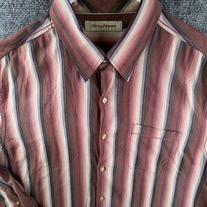Tommy Bahama Long Sleeve Silk Tencel Blend Button Up Shirt Striped Red Beige XL